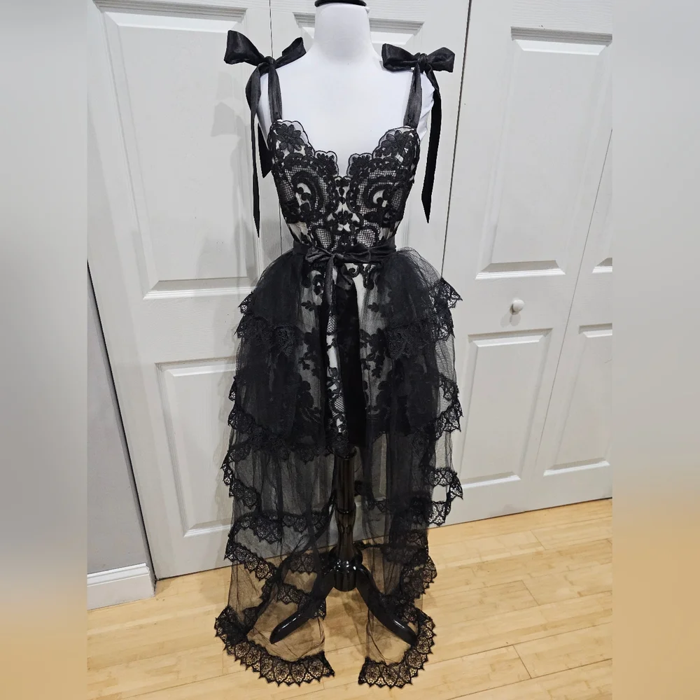 Dolls Kill Unholy Kindred Spirits Black White Lace Mini DressTiered Tulle Skirt - Picture 10 of 16